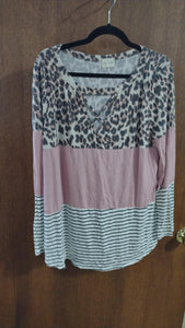Leopard Pink Stripe Colorblock Shirt Top