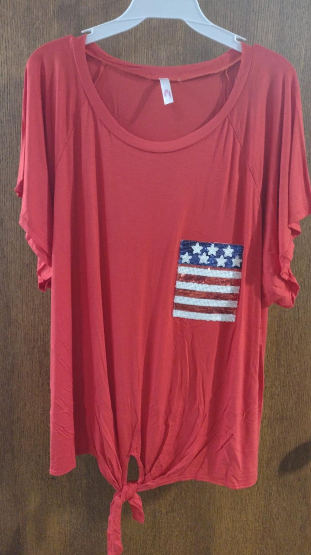 Red Sequin USA Pocket Shirt Top w Knot