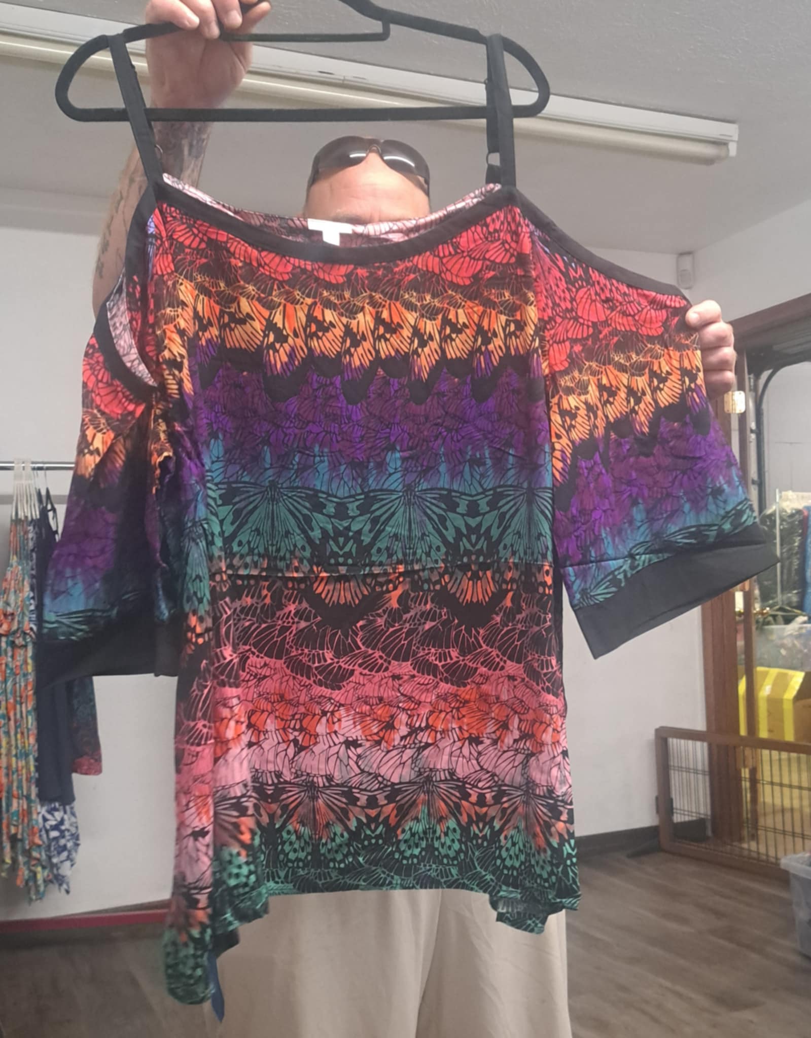 Multi Color Butterfly Cold Shoulder Shirt Top