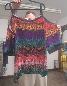 Multi Color Butterfly Cold Shoulder Shirt Top