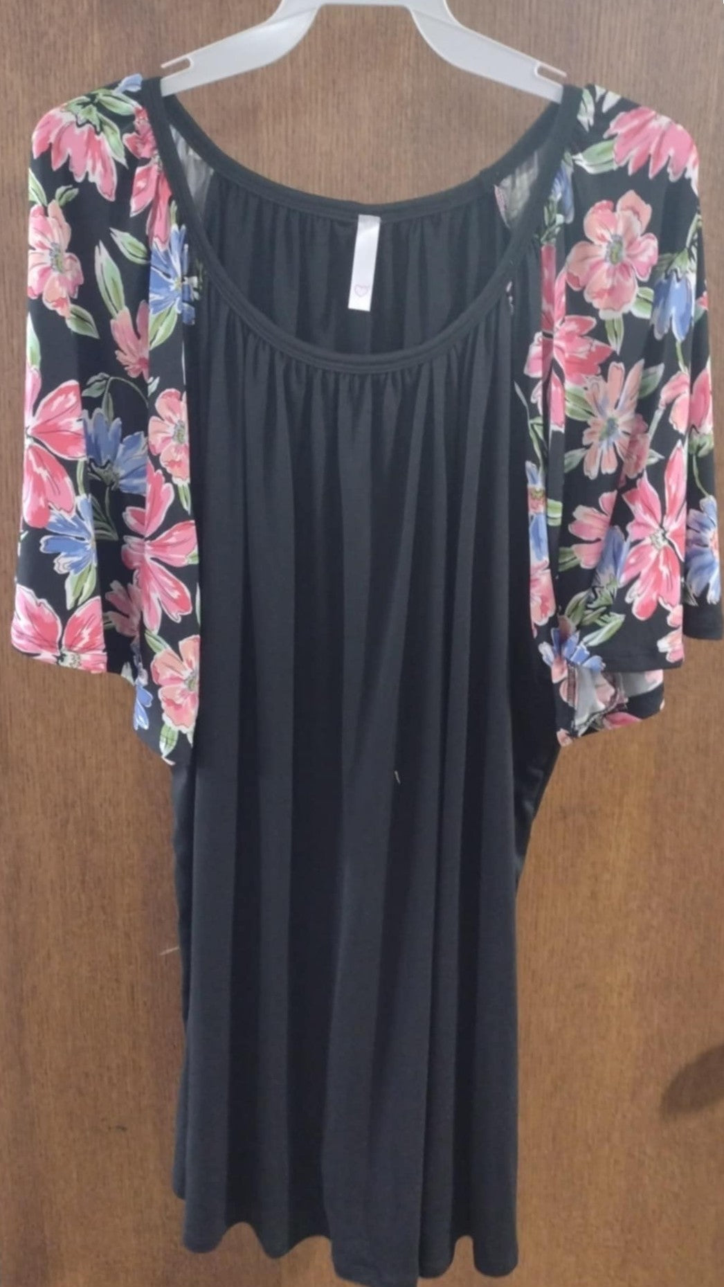 Black Shirt Top w Floral Sleeves