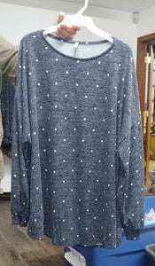 Blue Polka Dot Bubble Sleeve Lightweight Sweatery Shirt Top