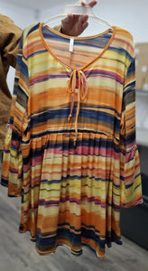 Stripe Pink Blue Orange Yellow Tie Neck Shirt Top