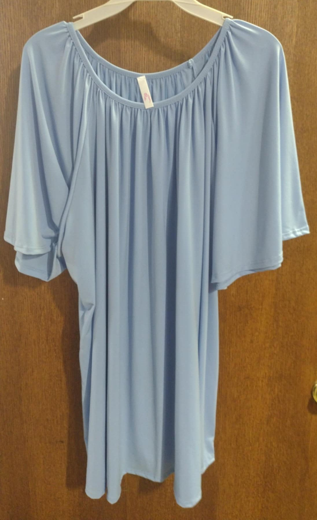 Solid Baby Powder Blue Pleated Neckline Shirt Top