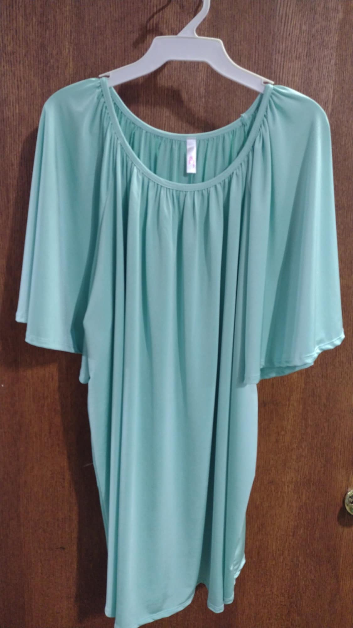 Solid Minty Blue Pleated Neck Shirt Top