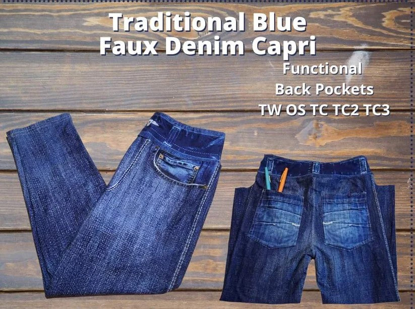 Traditional Faux Blue Denim Capri w Pockets