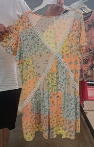 PSFU Orange & Yellow White Lace Lattice Detail Shirt Top
