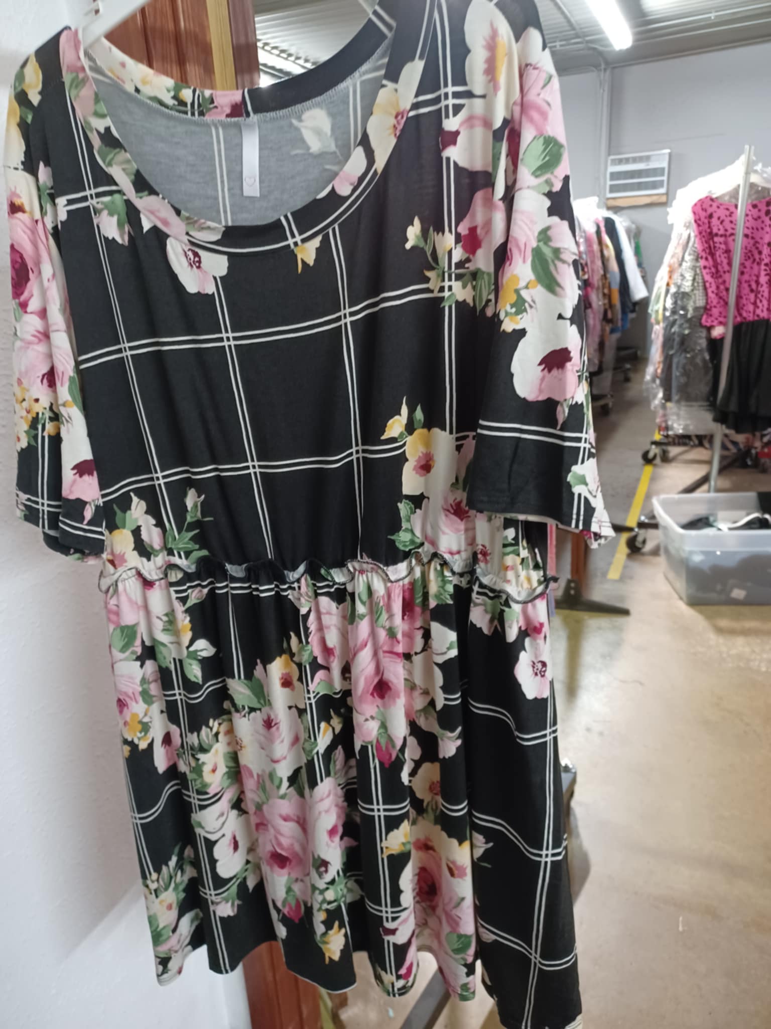 Black Plaid Floral Shirt Top Shirred Waist