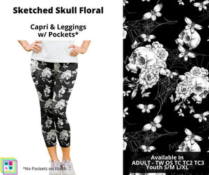 Sketched Skull Floral Capri Length w/ Pockets