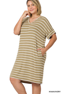 Khaki Ivory Stripe Rolled Sleeve V Neck Dress w Pockets