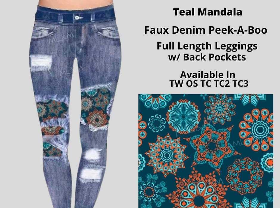 Teal Mandala Faux Denim Full Length