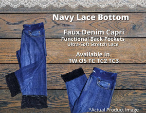Blue Faux Denim Capris w/ Navy Lace