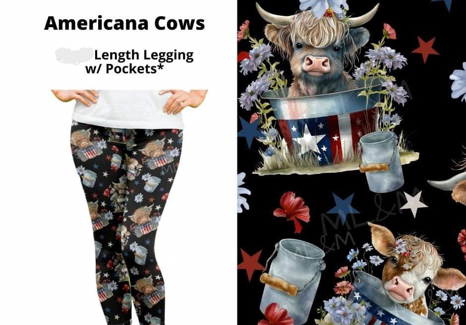 Patriotic Red White Blue USA Highland Cow Leggings