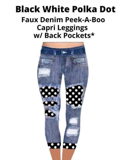 Faux Denim B&W Polka Dot Patch Capri Capris