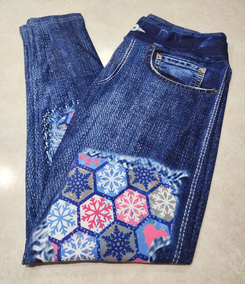 Faux denim Snow Flake Patch Legging w Pockets