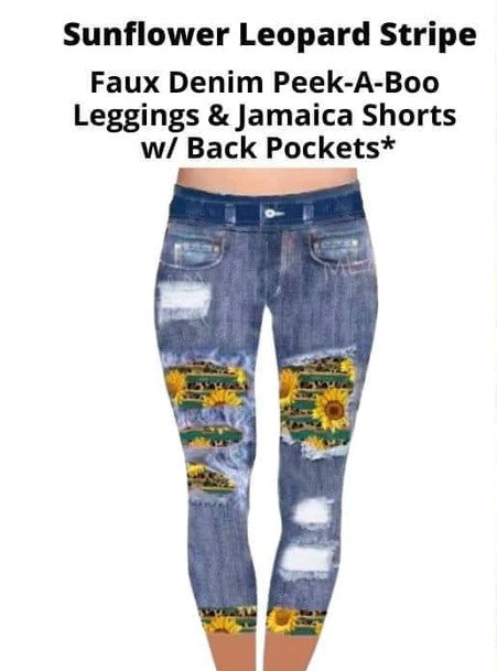 Faux Denim Sunflower Leopard Stripe Capri Capris
