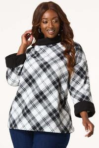 Black & White Plaid Mockneck Fur Cuffs and Neck Shirt Top
