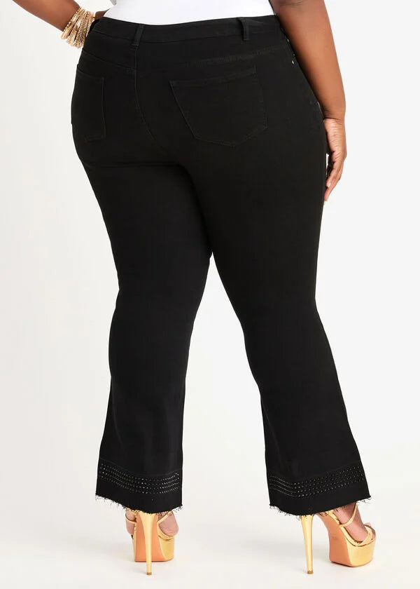 Black Flared Jeans Crystal Embellishment on Bottom of Legs