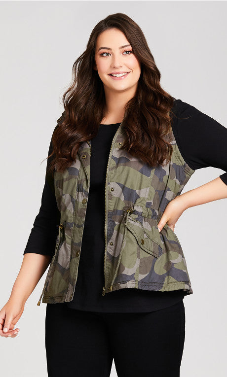 Camo Faux Fur Anorak Vest - olive