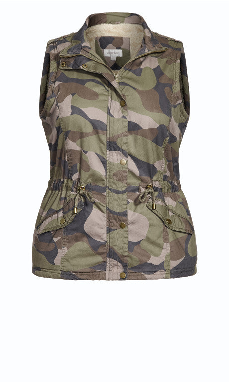 Camo Faux Fur Anorak Vest - olive