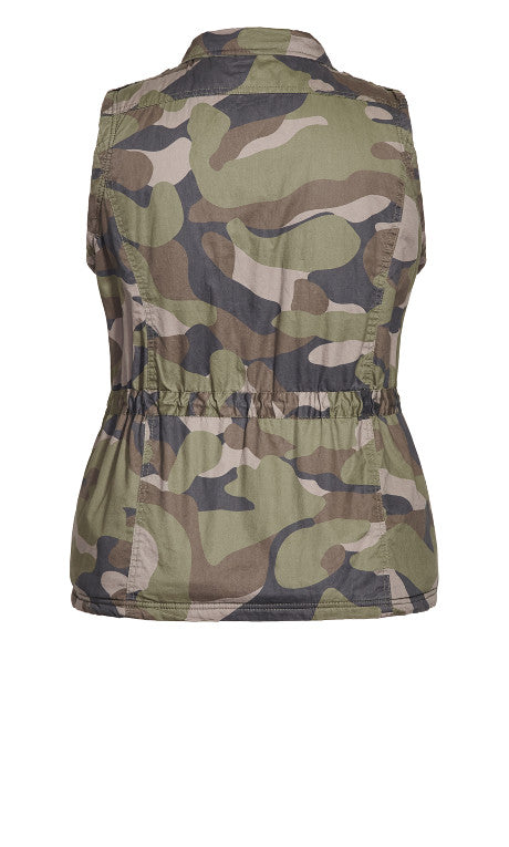 Camo Faux Fur Anorak Vest - olive