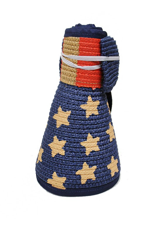 Vintage American Flag Patterned Roll Up Toyo Straw Sun Visor