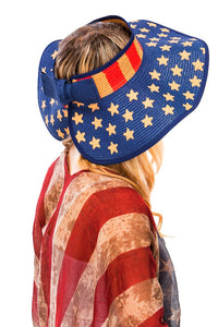Vintage American Flag Patterned Roll Up Toyo Straw Sun Visor