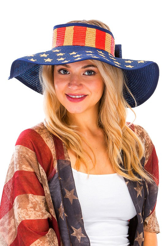 Vintage American Flag Patterned Roll Up Toyo Straw Sun Visor