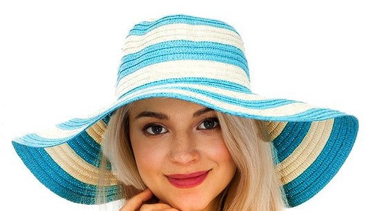 Turquoise and White Striped Floppy Beach Sun Hat Plus Size For Us