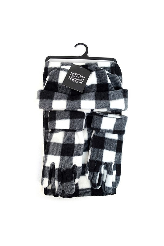 Black & White Plaid Winter Glove Hat Scarf Set