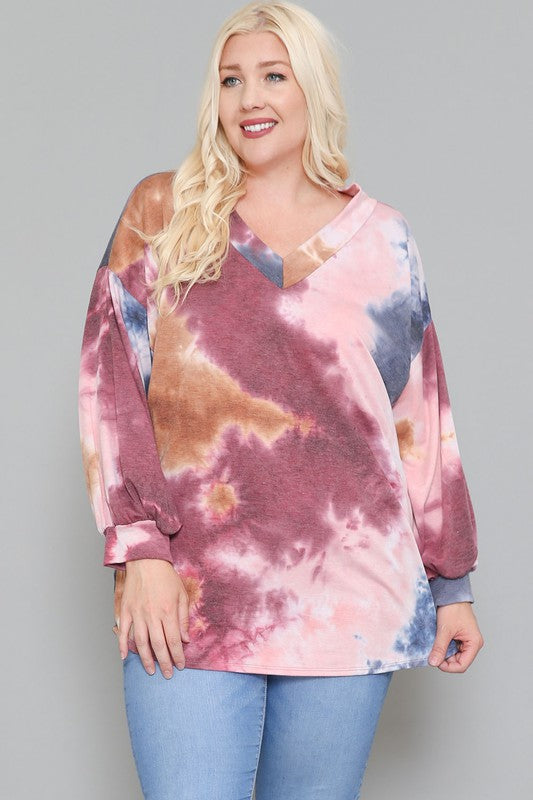 PSFU Pink Tie Dye Top w V Neck