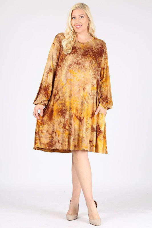 Golden Yellow Tie Dye Dress w Long Bubble Sleeves