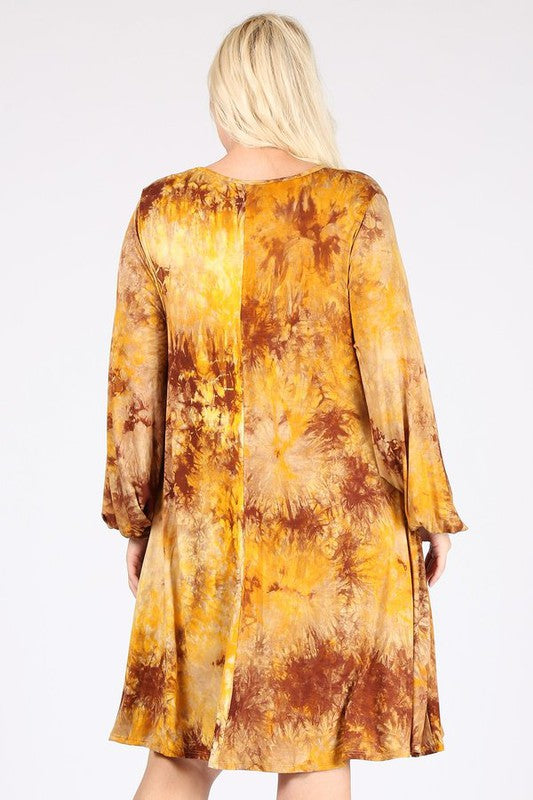 Golden Yellow Tie Dye Dress w Long Bubble Sleeves