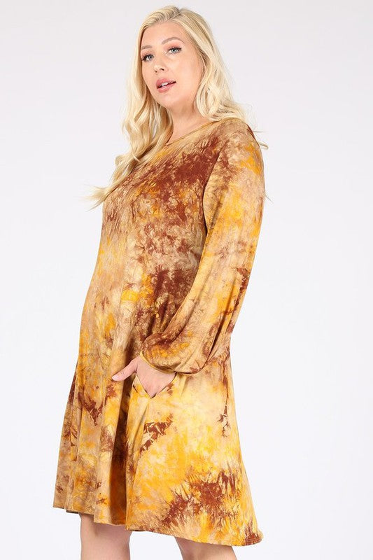Golden Yellow Tie Dye Dress w Long Bubble Sleeves