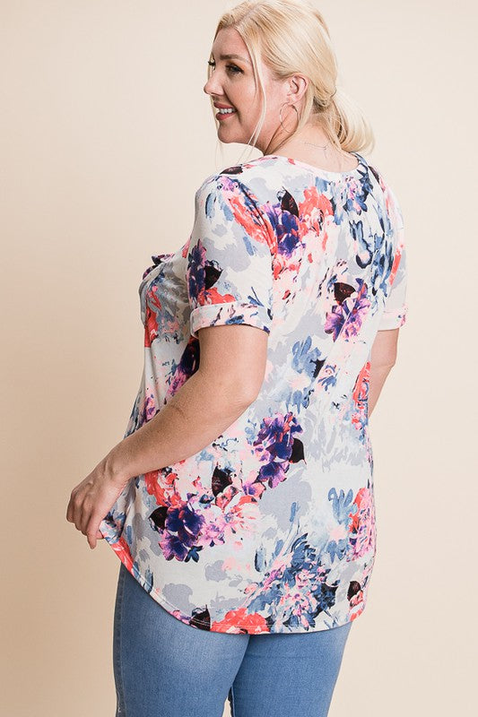 Ivory Bright Floral Top w Pocket