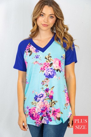 Blue Floral V Neck Top