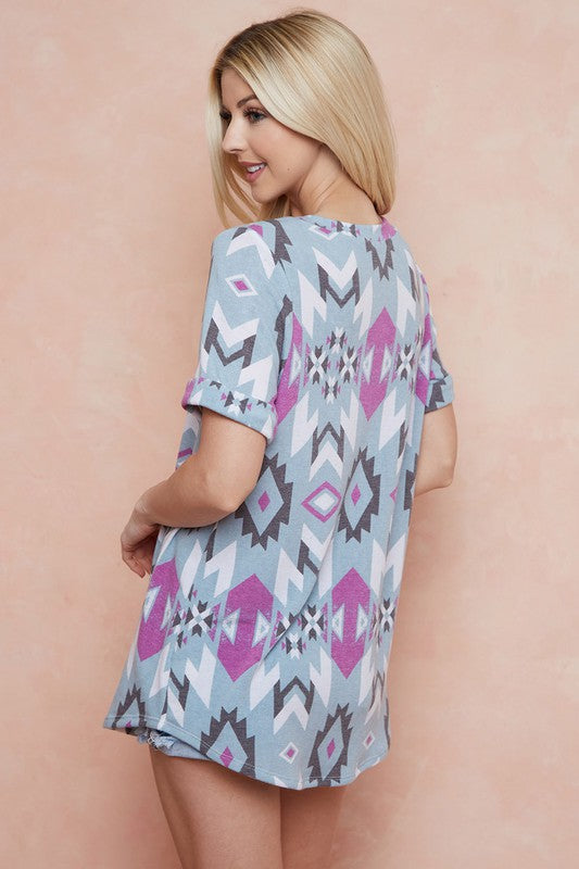 Blue Purple Aztec Print Shirt Top
