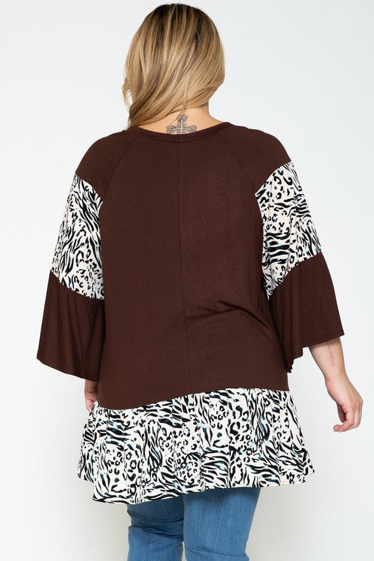 PSFU Brown Shirt Top w Animal Print Sleeve and Bottom