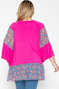 PSFU Pink Shirt Top w Floral Sleeves and Hem