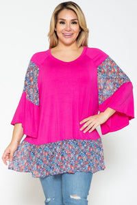 PSFU Pink Shirt Top w Floral Sleeves and Hem