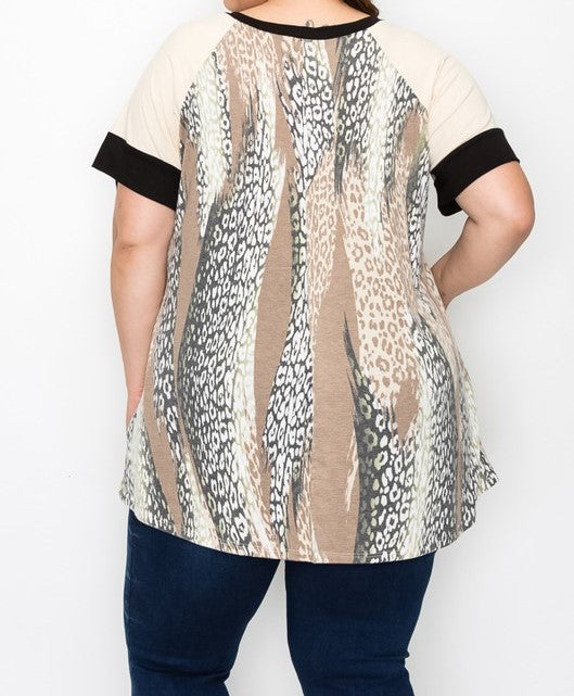 PSFU OLIVE FEATHER WHORL PRINT TOP