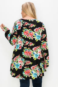 Black Silky Floral Top Long Sleeves