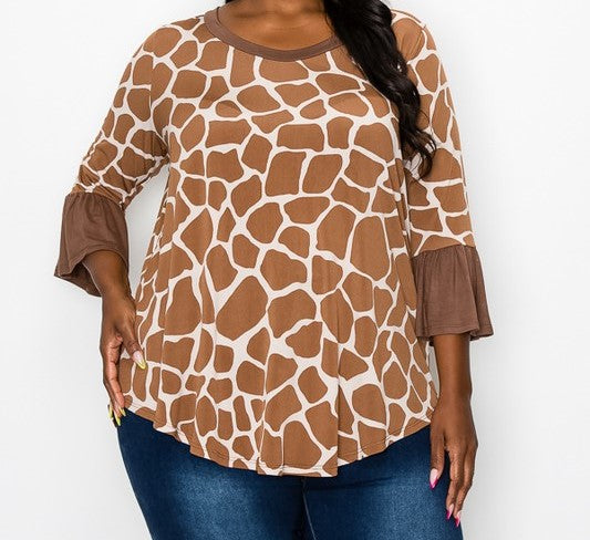 PSFU Brown Giraffe Shirt Top w Bell Sleeves