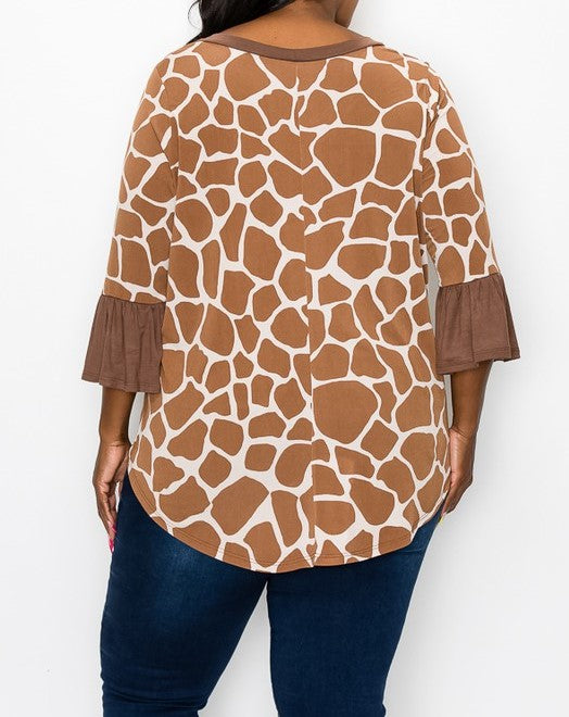 PSFU Brown Giraffe Shirt Top w Bell Sleeves