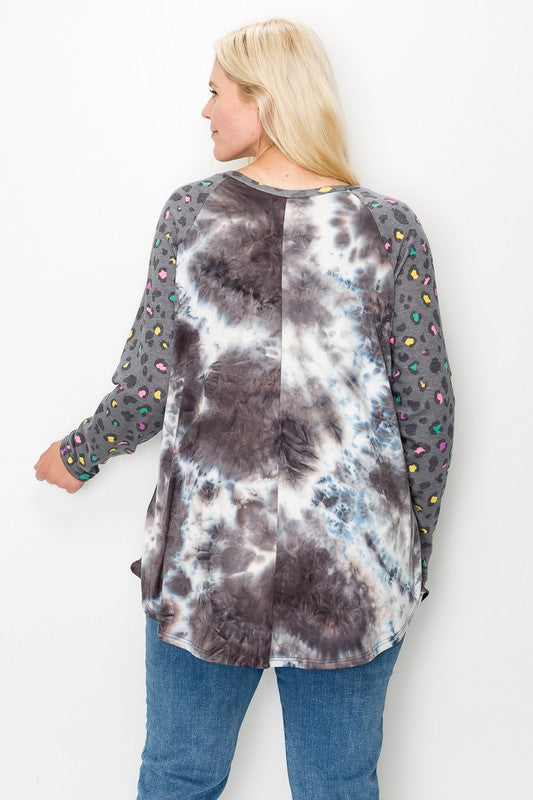 Tie Dye Top w Multi Color Gray Leopard Sleeves