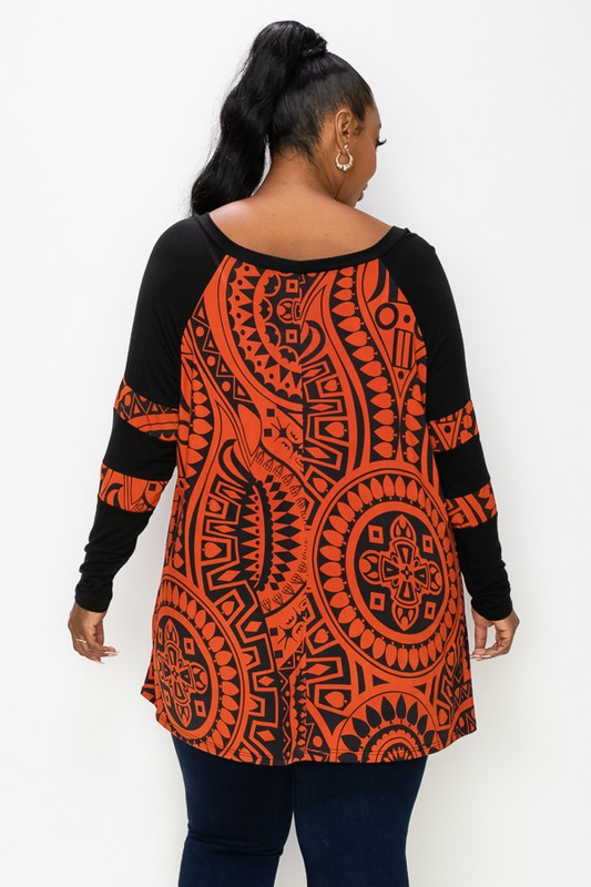 PSFU Orange Black Damask Print Shirt Top