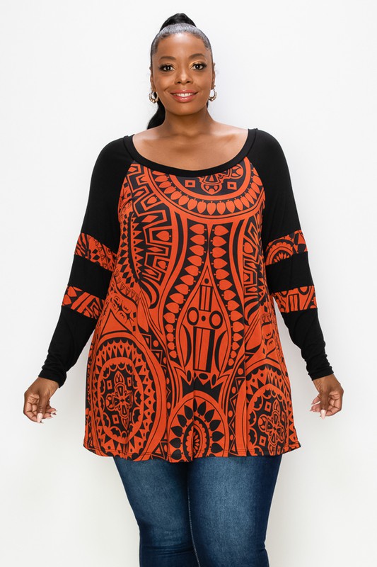 PSFU Orange Black Damask Print Shirt Top