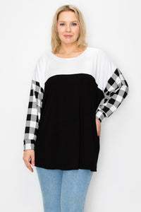 PSFU Black & White Plaid Bubble Sleeve Shirt Top