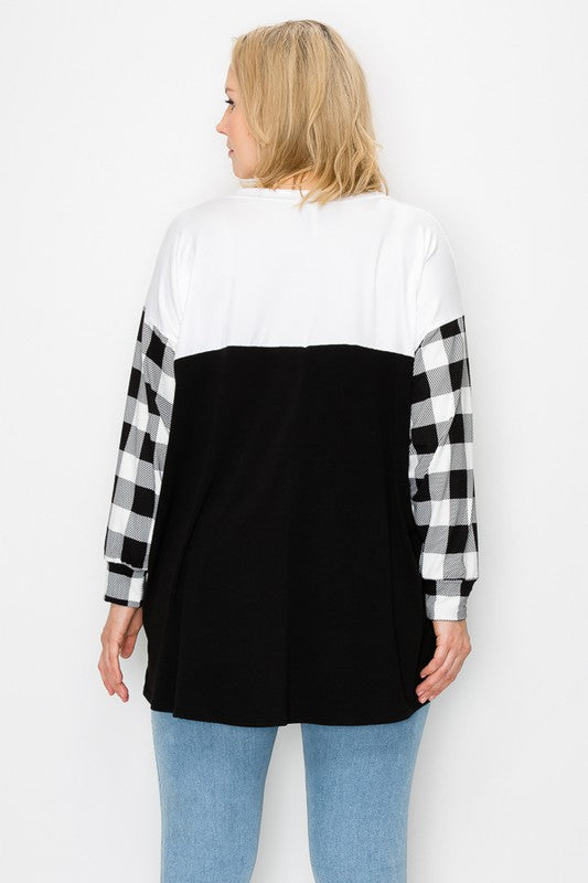 PSFU Black & White Plaid Bubble Sleeve Shirt Top