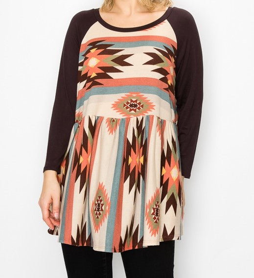 PSFU Brown Aztec Print Top w Elbow Patches